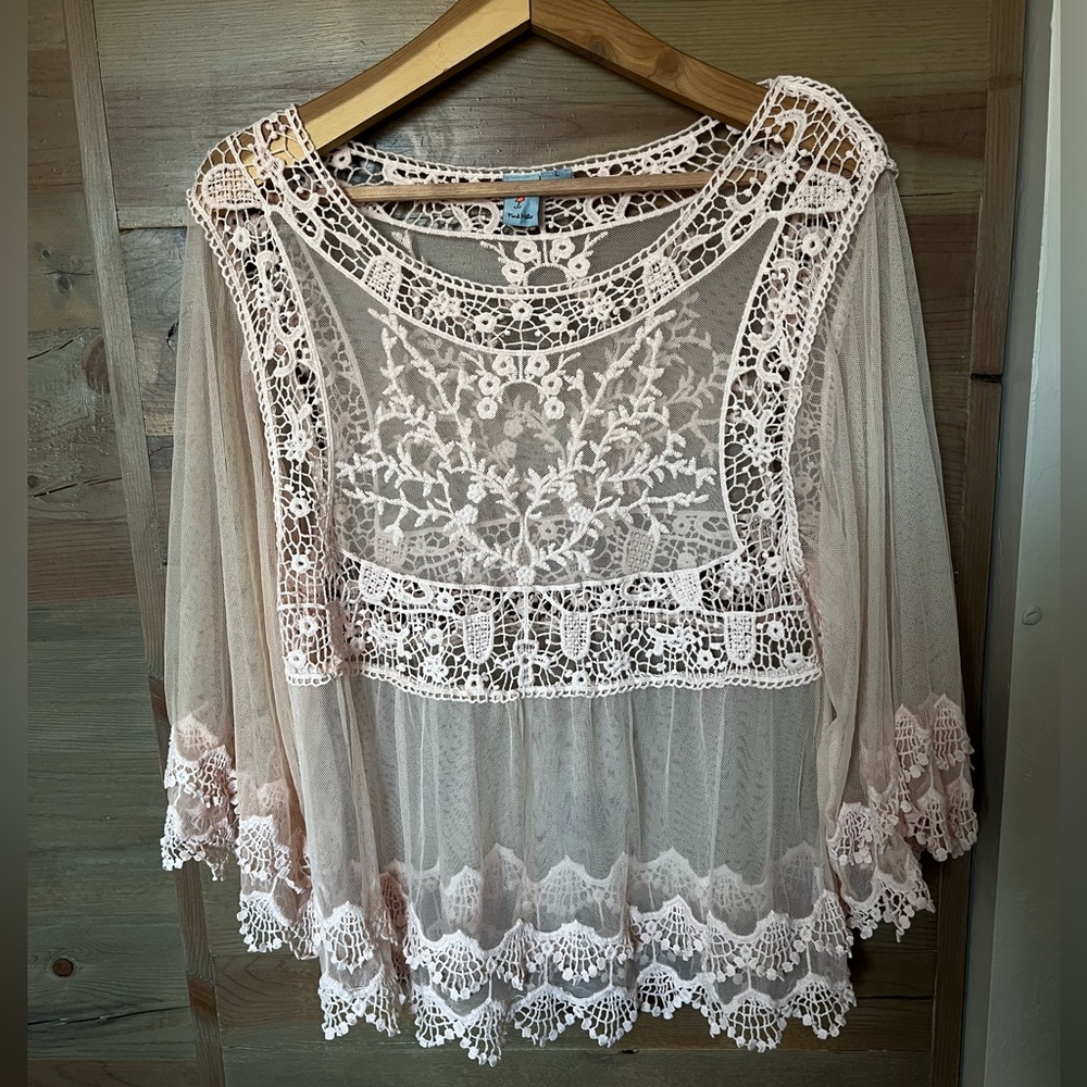 Pink Melo Sheer Embroidered Lace Peasant Top - Blush